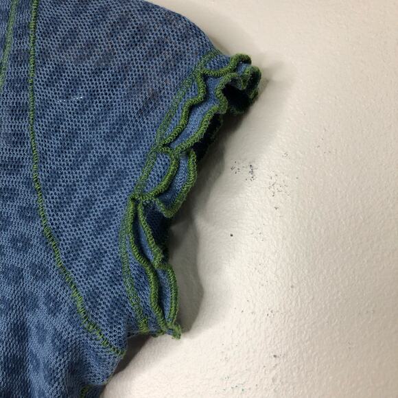 Free People Top Cotton Mesh Floral Tee Lettuce Trim Blue Short Sleeve Sheer xs - Picture 6 of 8